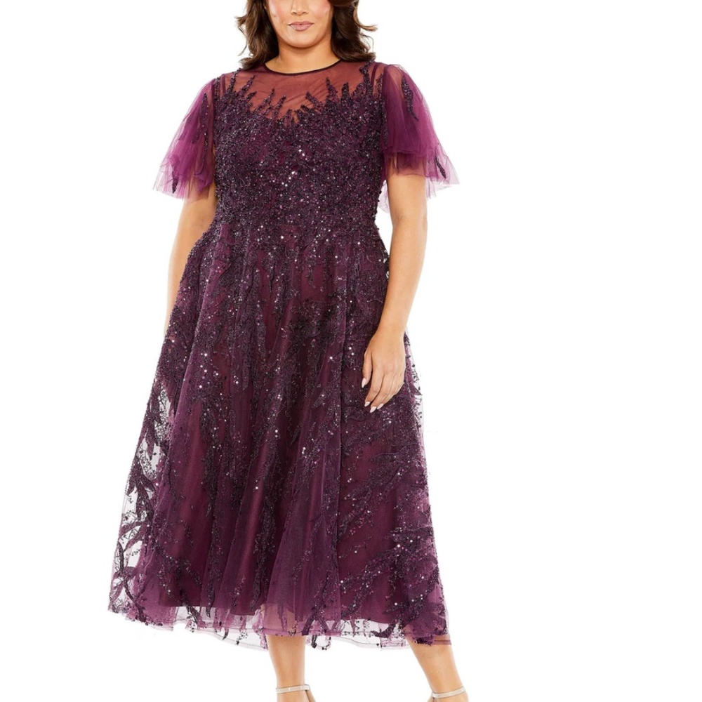 MAC DUGGAL 20477 HIGH NECK EMBELLISHED A-LINE PLUM MIDI DRESS sz 24W - Picture 1 of 4
